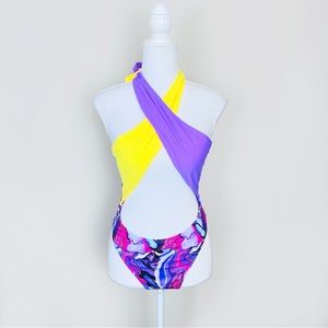 Purple & Yellow Contrast Swirl Criss Cross Cut Out Tie Swimsuit Rave Bodysuit